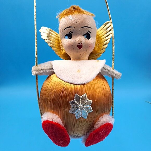 Vintage 1960s Pink Satin Ball Angel Ornament Foil Wings Spun Cotton Composite v5 - Picture 3 of 9